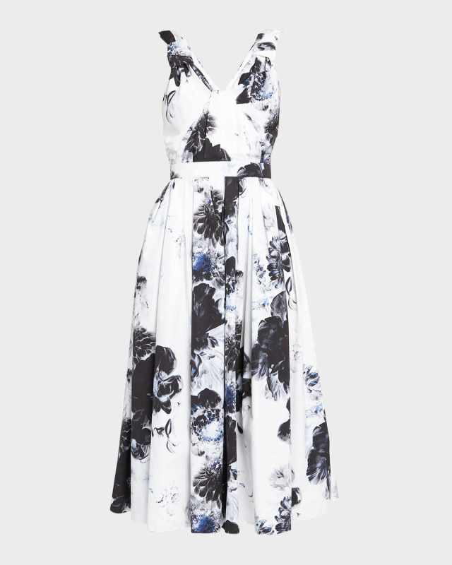 Floral-Print Pleated Sleeveless Midi Day Dress